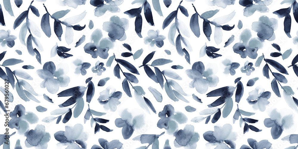 custom made wallpaper toronto digitalWatercolor floral in blue grey. Seamless hand-painted abstract botanical pattern.
