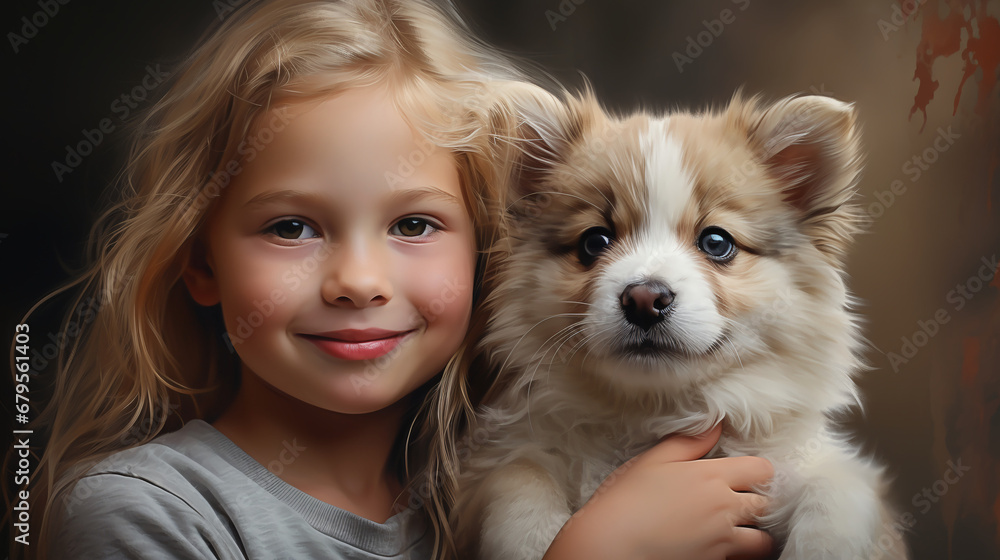 Little girl with a dog portrait friends photo Loving little girl hugs her dog Little girl with a dog portrait friends photo Loving little girl hugs her dog