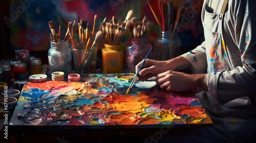 Painter hand dips paintbrush in vibrant paint to drawing on canvas, around colorful containers of paint, scene imparts sense of artistic process and blend of colors and ideas, colorful palette