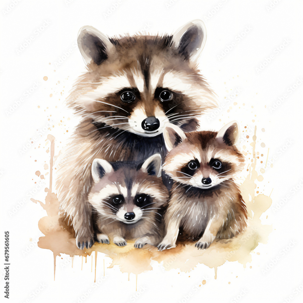 Watercolor of raccoon family cartoon isolated on white background