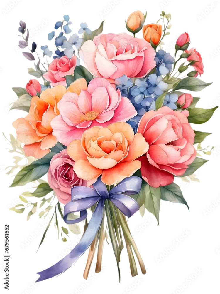 Fototapeta premium Watercolor illustration of colorful graduation flowers bunch. Creative graphics design. Romance bouquet of florals. 