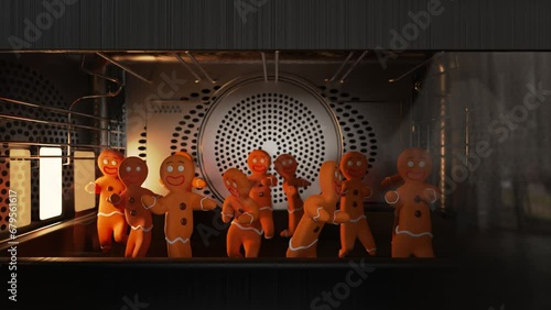 Preparation of gingerbread men in the oven while they, in the meantime, dance. Merry christmas and Happy New Year background. 3D cartoon animation photo
