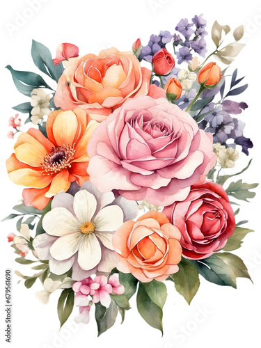  Watercolor illustration of colorful graduation flowers bunch. Creative graphics design. Romance bouquet of florals. Graduation's day.  © Clip Arts Fusion 