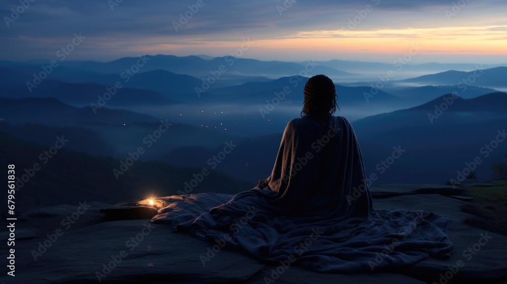 Serene mountain repose: girl finding tranquility in nature's embrace, panoramic relaxation amid breathtaking landscapes.