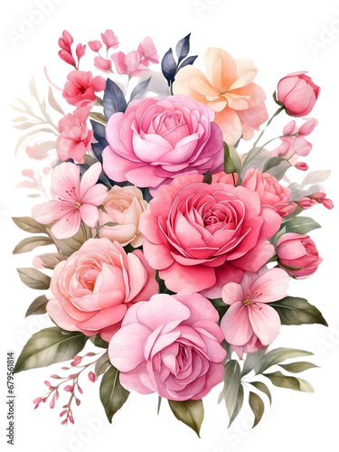  Watercolor illustration of pink graduation flowers bunch. Creative graphics design. Romance bouquet of florals. Graduation's day. Pink flowers bunch. 
