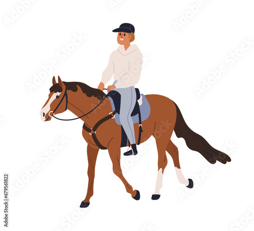 Equestrian riding horse. Happy horseback rider. Equine stroll, walk, horseriding hobby. Horseman on stallion, holding bridle, sitting on saddle. Flat vector illustration isolated on white background