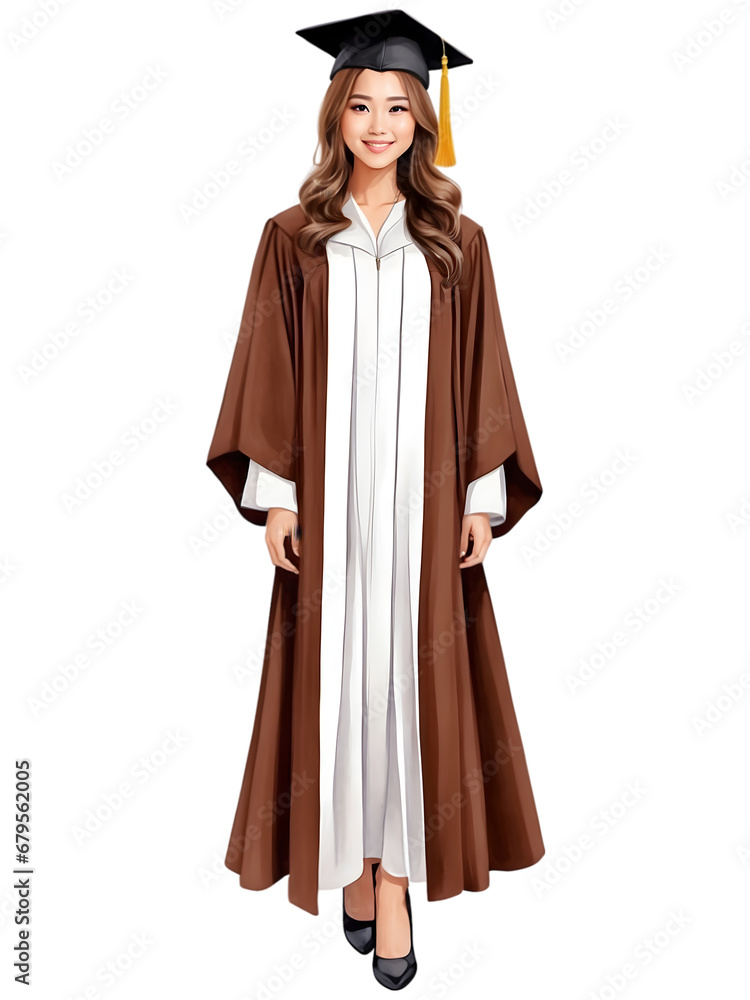Watercolor illustration of beautiful woman on her graduation's day wearing brown graduation gown. Happy woman. Creative graphics design. 