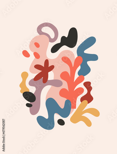 Modern abstract poster with creative geometric shapes. Trendy elements pattern  card design. Blobs  blots  algae  natural background  wall art in minimalism style. Colored flat vector illustration