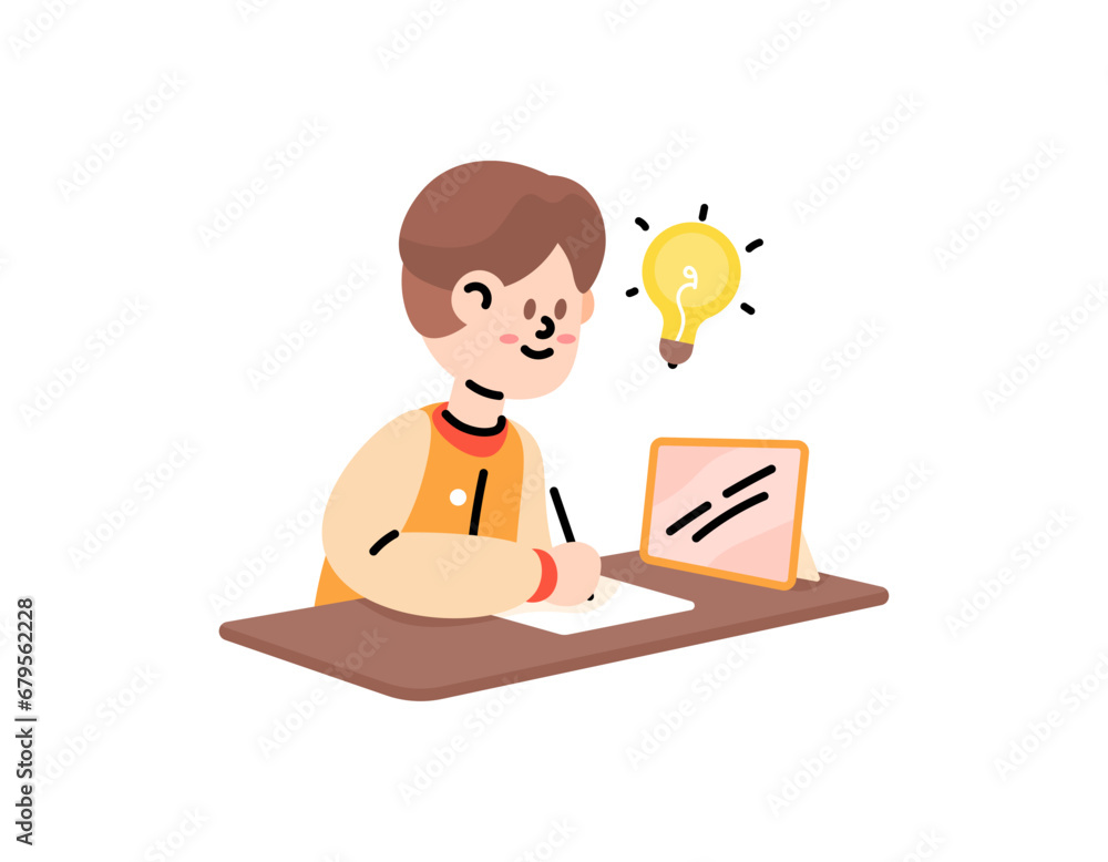 Illustration of a boy is learning to do practice questions. Learn by using tablet. Get ideas and answer questions, students who write on papers. Cartoon or flat illustration design. vector elements Illustration of a boy is learning to do practice questions. Learn by using tablet. Get ideas and answer questions, students who write on papers. Cartoon or flat illustration design. vector elements
