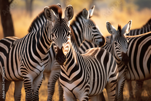 Herd of zebras mother and foal with family in grassland savanna, close up shot, beautiful wildlife animal background.