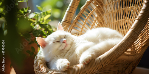 cat in the basket,Morning sunlight on the sleeping red cat cute funny redwhite cat on the windowsill in basket with pink blanket close up,A cat sleeping in a basket with a flower in the background photo