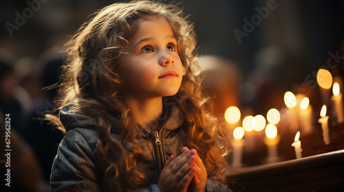 Little girl praying in a church.