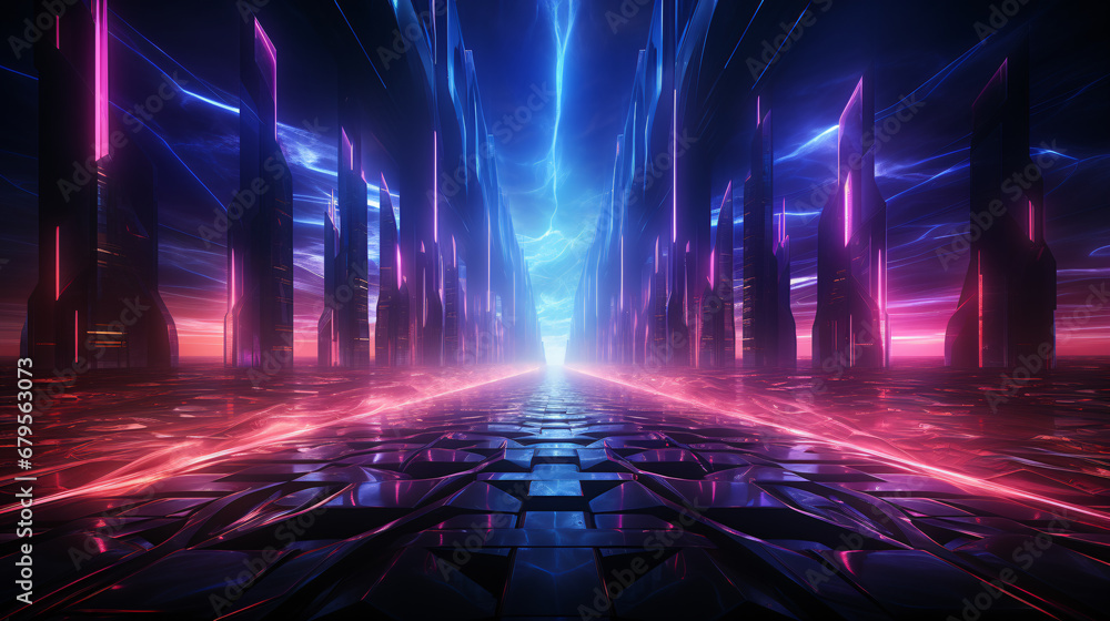 Dark cyberpunk city surreal landscape with neon glow light, virtual reality cyberspace and digital technology concept, futuristic abstract background. - obrazy, fototapety, plakaty 
