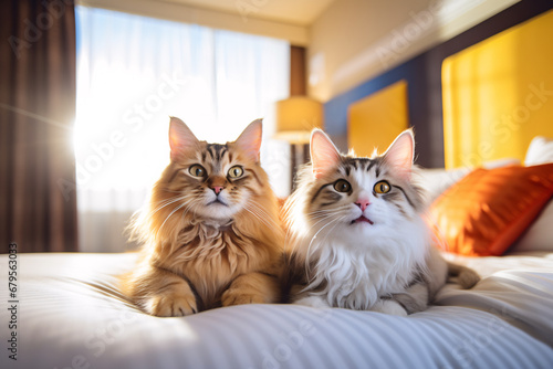 Cute happy cats at pet friendly hotel, holidays trip with pet concept. © Sunday Cat Studio