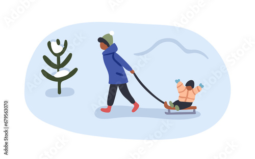 Man pulling winter sleds with happy kid. Black child on snow sleigh, sledge i...