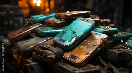 Many old discarded smartphones. photo