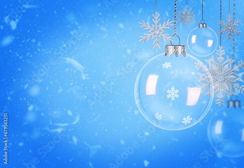 Snowflakes and Christmas ball hanging. Copy space.
