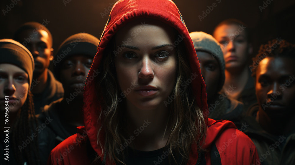 One white female with a group of a black males. One white female with a group of a black males.