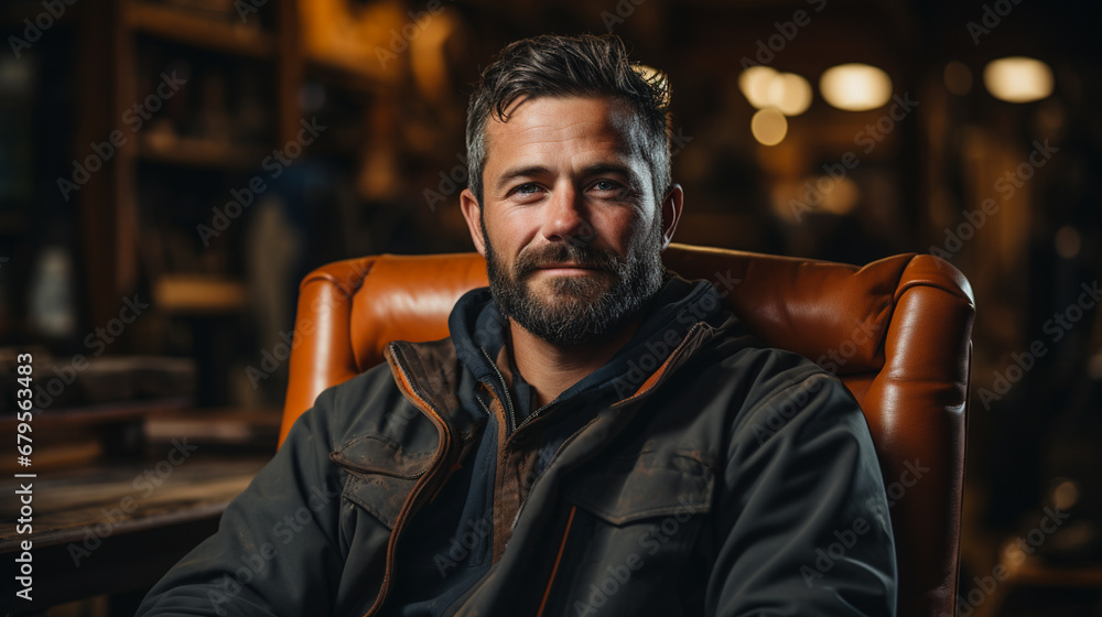 Portrait of a carpenter standing in a workshop. Portrait of a carpenter standing in a workshop.