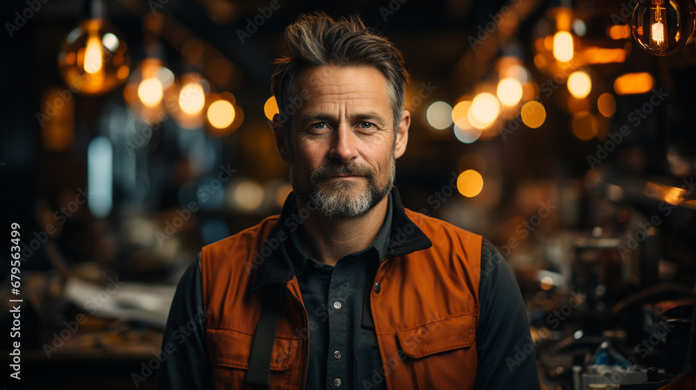 Portrait of a carpenter standing in a workshop. Portrait of a carpenter standing in a workshop.