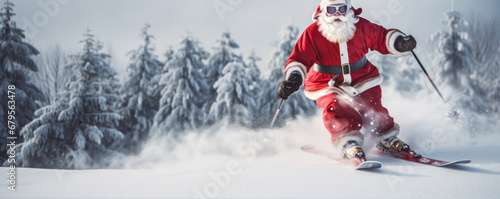 Happy santa claus skiing in winter on snowy slope.