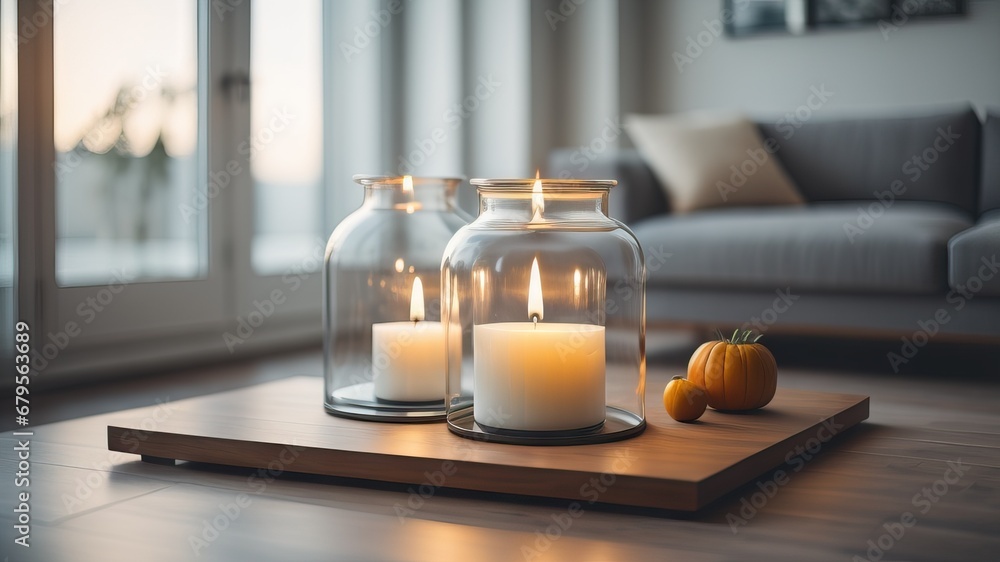 Candles jar with burning candle. Home decor and accent pieces. Interior design of modern living room Candles jar with burning candle. Home decor and accent pieces. Interior design of modern living room