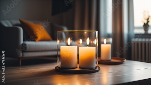 Candles jar with burning candle. Home decor and accent pieces. Interior design of modern living room