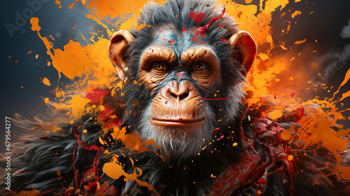 painting of a monkey face with colorful paint splatters