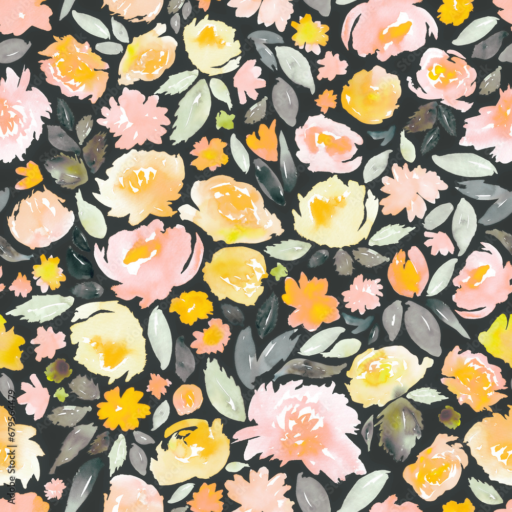 custom made wallpaper toronto digitalWatercolor floral motif in yellow, peach pink and grey. Seamless hand-painted botanical pattern. 
