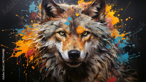painting of a wolf face with colorful paint splatters © Animaflora PicsStock