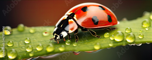 Ladybug maro shot on green leaf. Ledybird detail in natural habitat.