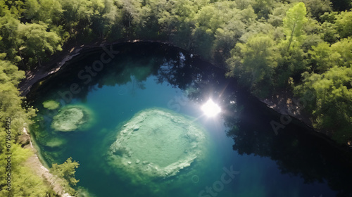 Aerial shot of Cenote Azul in the woods