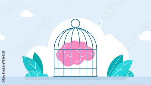 A brain in the cage. Describe confined mind. Human brain trapped in cage. Depression, panic and worry, memory problems, cognitive therapy, mind under control, memory prisoner. 2d flat animation
 photo
