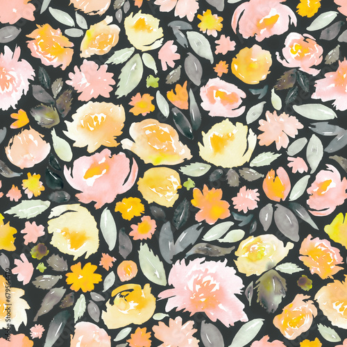 Wallpaper Mural Watercolor floral motif in yellow, peach pink and grey. Seamless hand-painted botanical pattern.  Torontodigital.ca