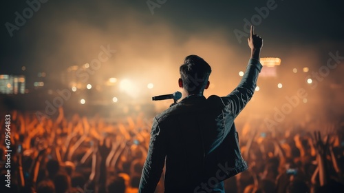 Unrecognizable singer male standing on stage in concert with crowd of people, live music with audience hold smartphone taking picture, musician man on tour with spot light in city night background photo
