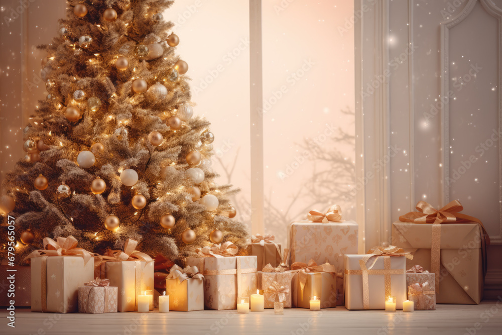 Christmas tree, presents, gifts and decoration in modern living room. White mockup wall. Festive Christmas and New year background