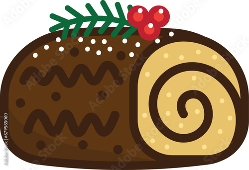 Yule log, bûche de noël traditional Christmas cake. Colorful vector food icon.