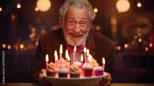 senior man and cake with candles