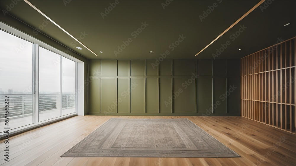Obraz premium Empty room interior background, white paneling wall, wooden flooring and big window