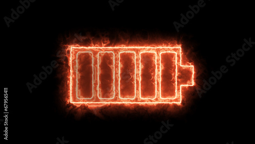 Neon red fire glowing battery charging icon. Charger, running from low to full cell phone battery. Glowing neon line Battery icon animated video photo