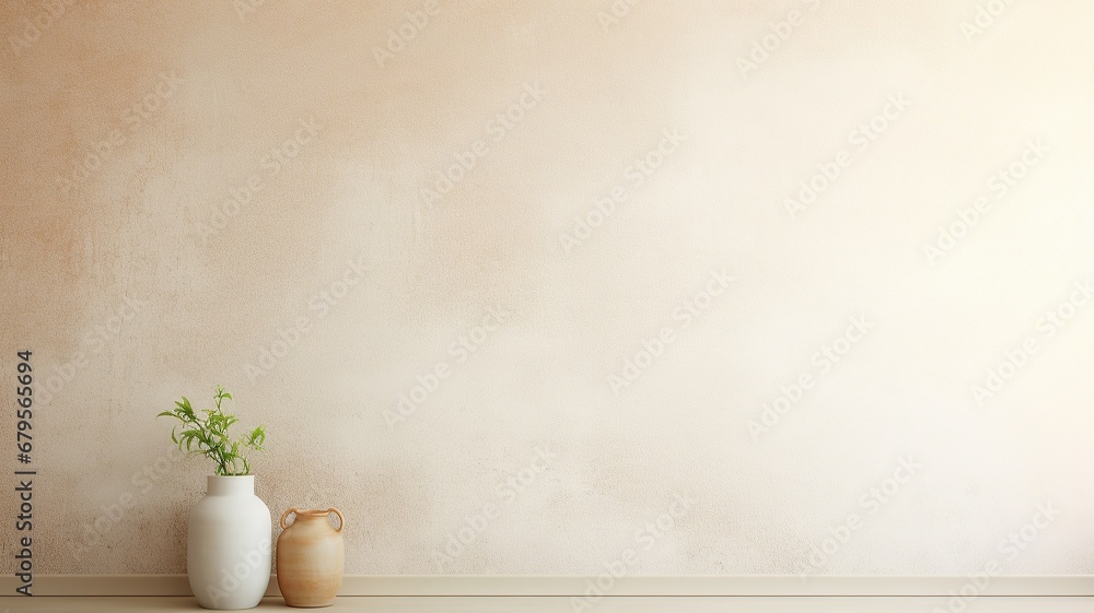 horizontal minimalistic neutral background wall with decoration pots on the side AI generated