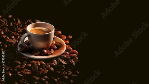 A coffee cup amidst scattered coffee beans with copy space, ready for element or retouch design. Generative AI.