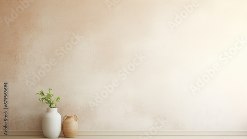horizontal minimalistic neutral background wall with decoration pots on the side AI generated