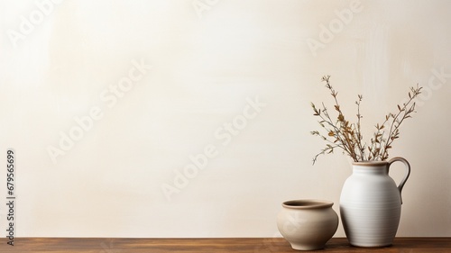 minimalistic background interior wall with pottery decoration on the side AI generated photo