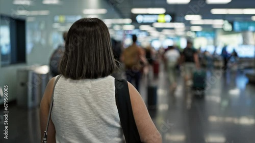 Young beautiful hispanic woman going on a trip at the airport photo