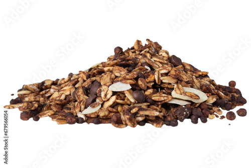 Pile of granola with chocolate drops isolated on transparent background.