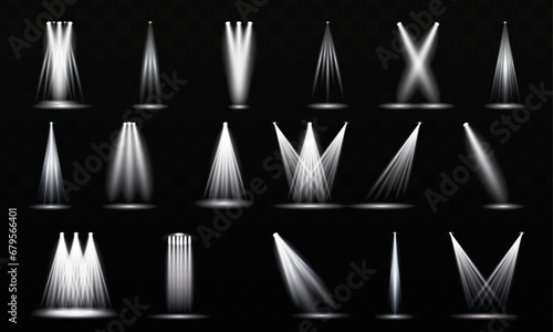 Collection of bright lightning spotlight vector set with glowing light effect  isolated on transparent background