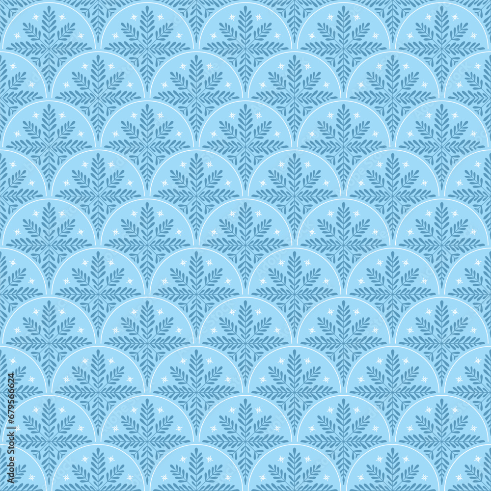 Vector seamless pattern with snowflakes. Christmas ornament. Winter background. Blue color. Fabric textile print