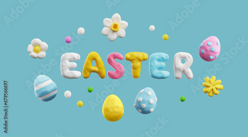 3D Happy Easter holiday greeting design with spring blossom, Easter painted eggs and flowers on vector postcard