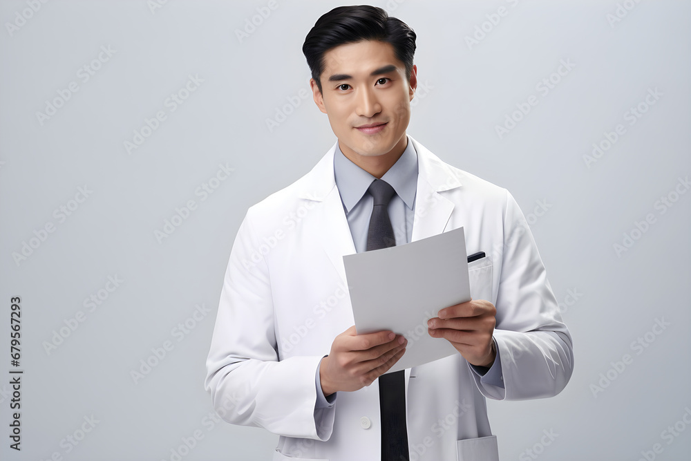 Asian male doctor wearing a gown. Hold document filed, Gray background Asian male doctor wearing a gown. Hold document filed, Gray background